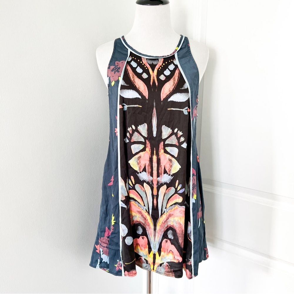 Free People Abstract Floral Mini Dress with Piping Detail - XS